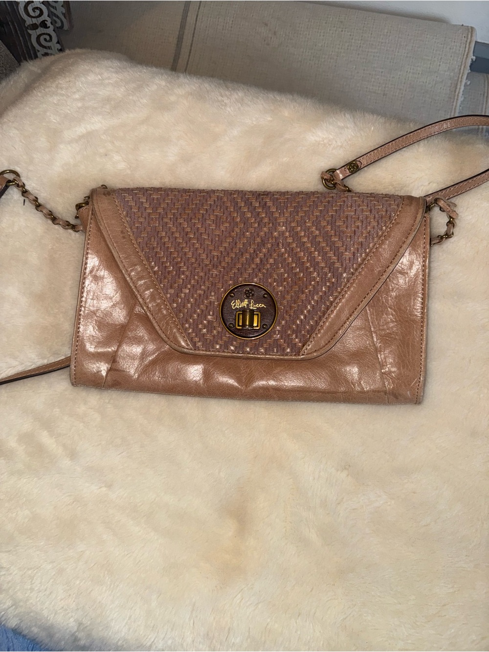 Elliott Lucca woven flap crossbody in blush tan with gold hardware